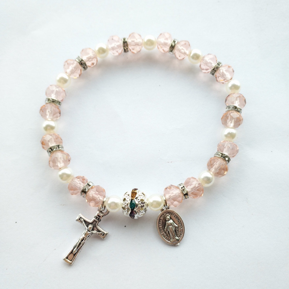 Vòng Tay Chuỗi Hạt Ngọc Trai Nhân Tạo Màu Xanh Dương Thánh Giá Đức Mẹ Mary Miraculous Medal Crucifix Charms