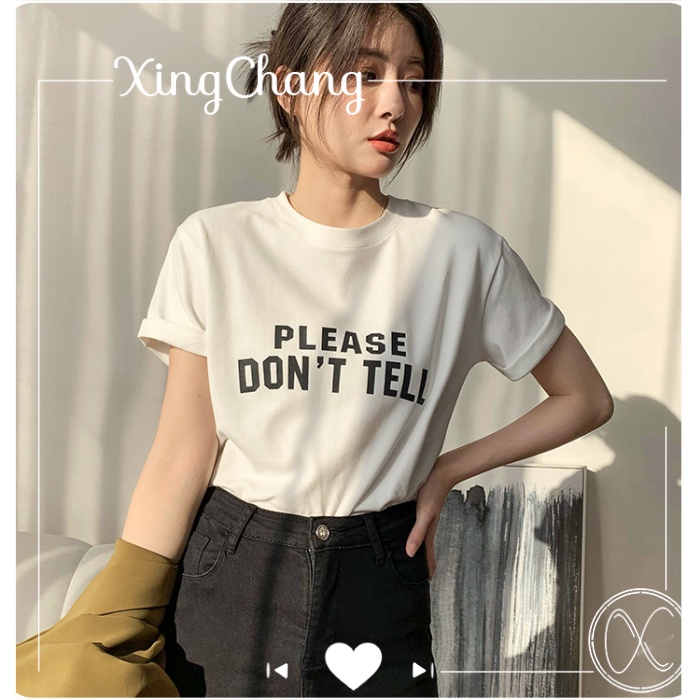 Áo thun trắng nữ tay ngắn cổ tròn chất cotton cao cấp đẹp thanh lịch in Don't Tell mã NXC84