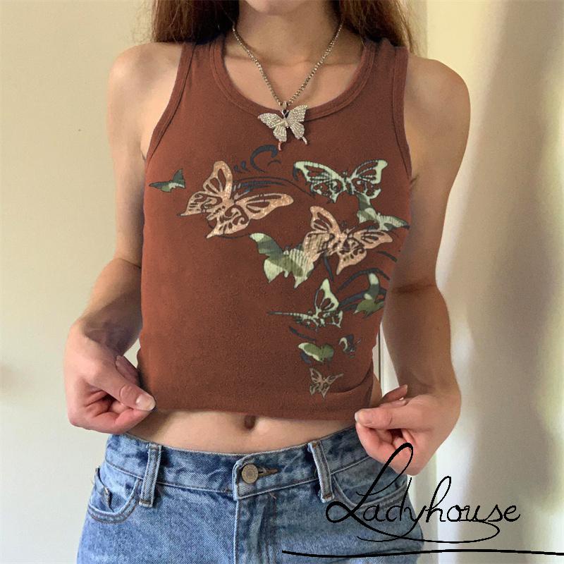 LD-Women Crop Tops, Sleeveless Butterfly Pattern Printed Round Neck Summer Vest Camisole for Female