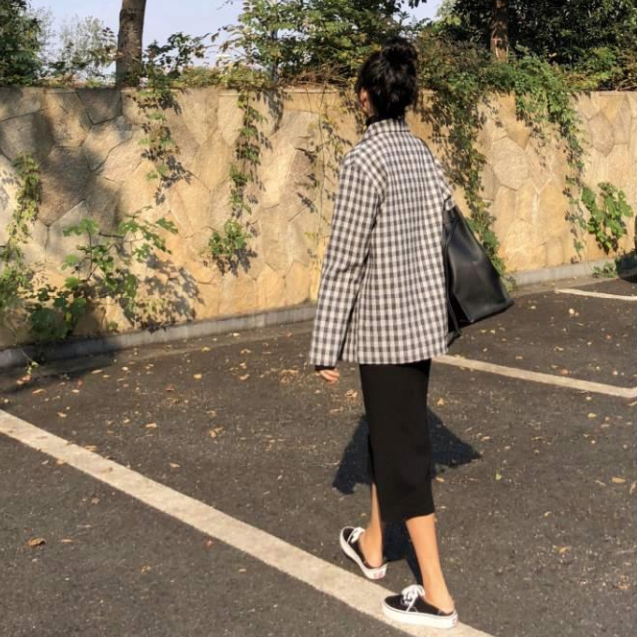 Áo Blazer New Korean Version Ins Mid-length Loose Fashion Retro Casual Plaid Suit Jacket Women