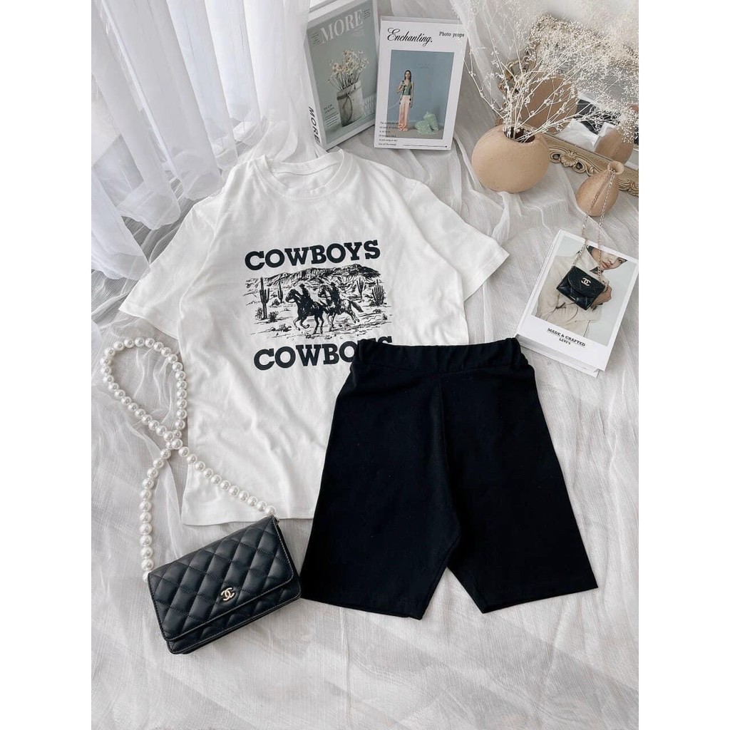 Set quần ngố áo phông cowboys [FREESHIP]🍁Bộ Quần Legging Lửng kèm áo thun tay lỡ form rộng🍁