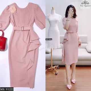 Đầm body cổ tròn tay lỡ V1222 màu hường tặng kèm tag hoa cài - The Queen Fashion - Kèm ảnh chụp thật của shop