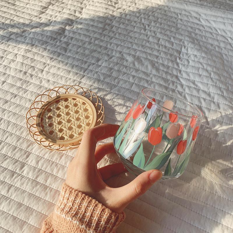 Cốc Ly Thủy Tinh Tulip Uống Trà Sữa và Trang Trí In Hình Hoa Tulip