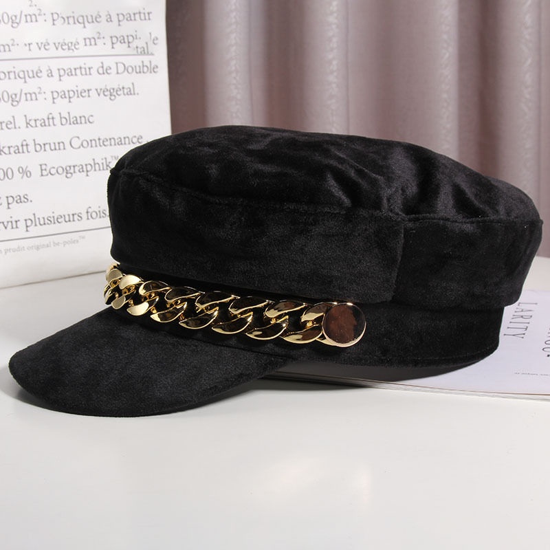 Mũ beret vải nhung màu đen phối dây xích thời trang thu đông dành cho nữ