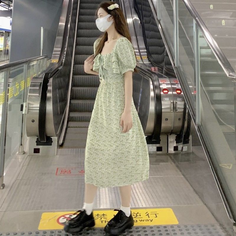 Đầm Midi Cổ Vuông Tay Phồng In Họa Tiết Hoa Thời Trang Mùa Hè Xinh Xắn Cho Nữ