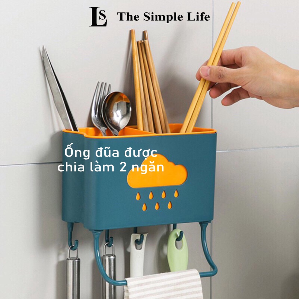 Ống đựng đũa treo tường, ống đũa nhựa dán tường 2 ngăn chắc chắn có móc treo hình mây dễ thương cao cấp [CHÍNH HÃNG]