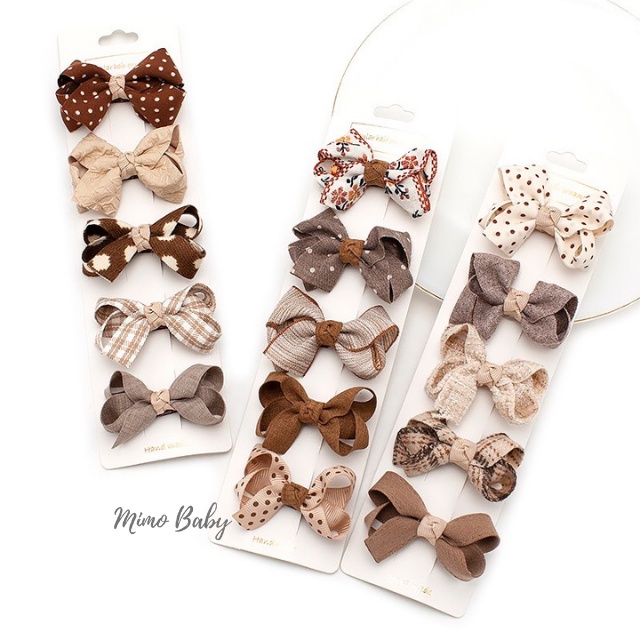 Set 5 kẹp tóc nơ bọc vải phong cách hàn quốc xinh xắn cho bé gái KT27 Mimo Baby