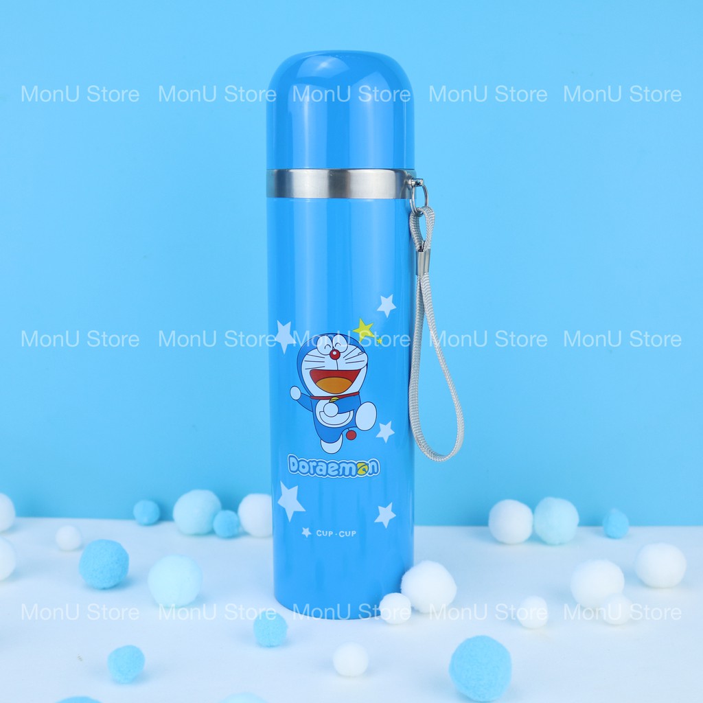 Bình giữ nhiệt nắp xoay có dây xách hình DORAEMON DOREMON dễ thương chất liệu inox 304 an toàn MON0195