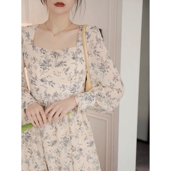 Đầm Hoa Nhí Be Vintage Cổ Vuông Ulzzang Dài Tay