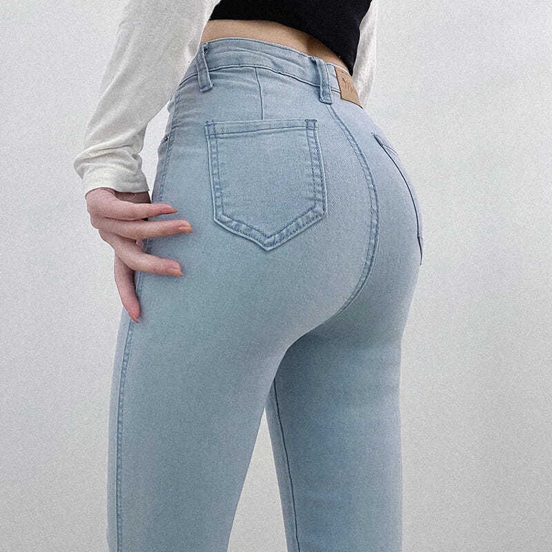 Quần jeans Lưng Cao Co Giãn Màu Xanh Nhạt Dáng Ôm Thời Trang Cho Nữ