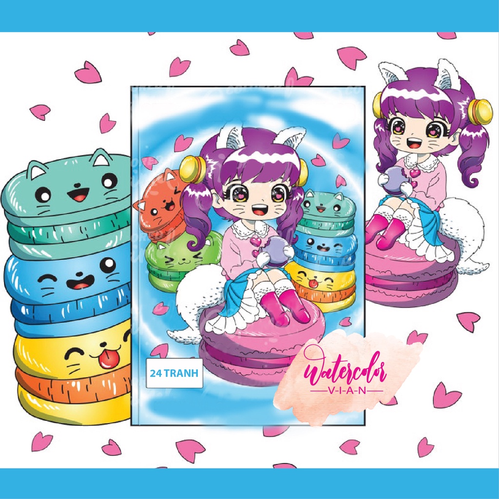 Tranh tô màu nước line art bộ Chibi girls & KAWAII FOOD, combo 12 tranh giấy dầy đẹp