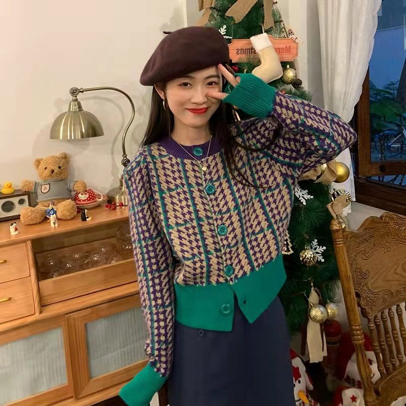 Áo len cadigan dáng ngắn có khuy cài kẻ caro thời trang trẻ trung