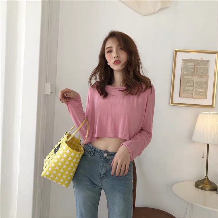 ÁO CROPTOP TRƠN DÀI TAY NHIỀU MÀU - ÁO THUN NỈ CROPTOP TÍM HOT