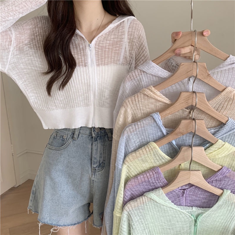 Áo Thun Cardigan Chống Nắng Màu Trơn Cổ Chữ V Có Dây Kéo Phong Cách Hàn Quốc Thời Trang Mùa Hè 2022 Mới
