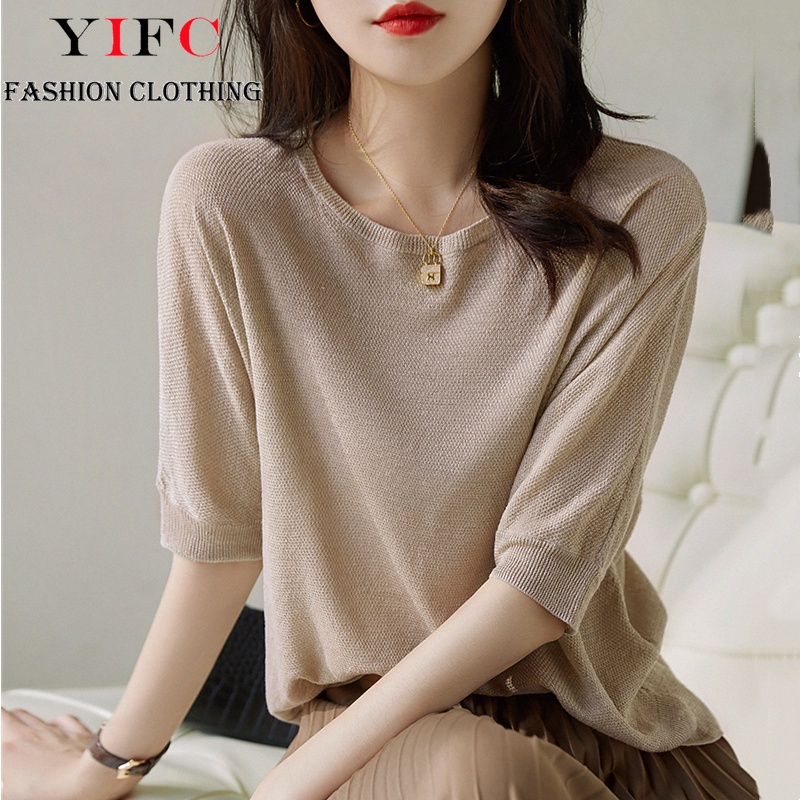Áo sweater Lụa Lạnh Mỏng Cổ Tròn Tay Lửng Dáng Rộng Thời Trang Mùa Hè 2022