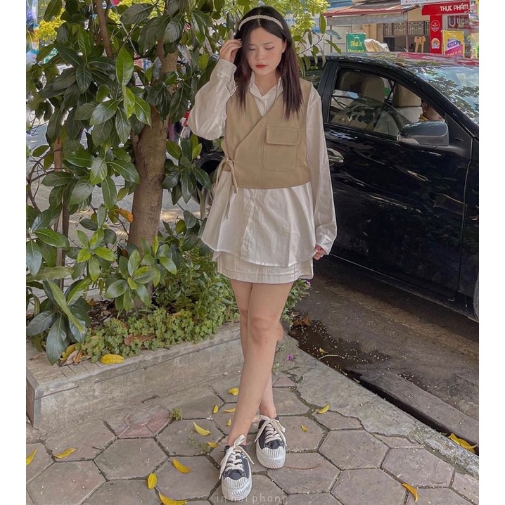 [HÀNG SẴN]SET ÁO SƠMI MIX GILE túi nắp nơ eo siêu xinh | BigBuy360 - bigbuy360.vn