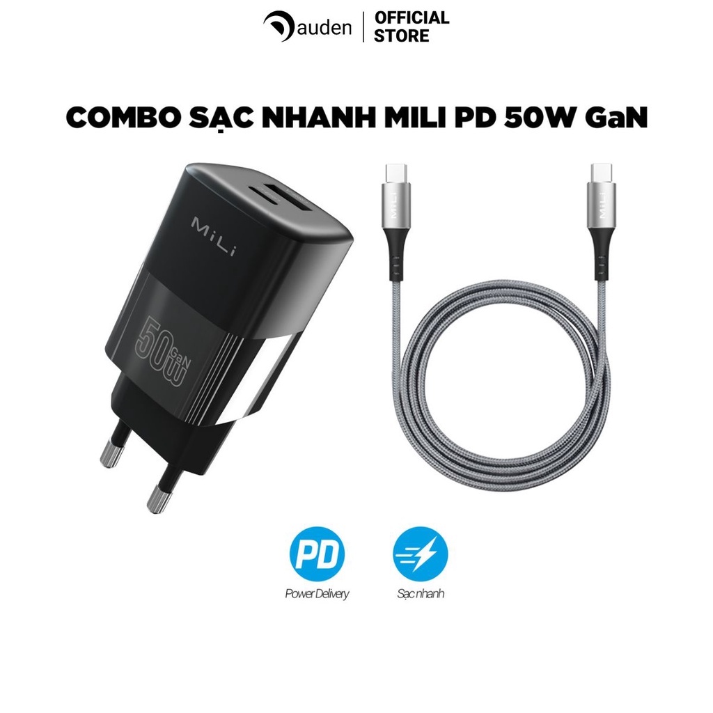 Combo sạc nhanh MiLi Power Delivery 50W GaN kèm Cáp USB-C to USB-C