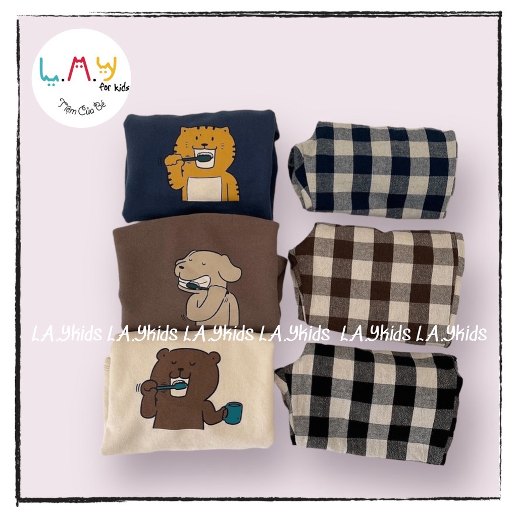 Set Áo Bo Gấu In Hình Hổ Cún Gấu Đánh Răng Quần Kẻ Caro Mix Nâu Xanh Đen L.A.Y kids