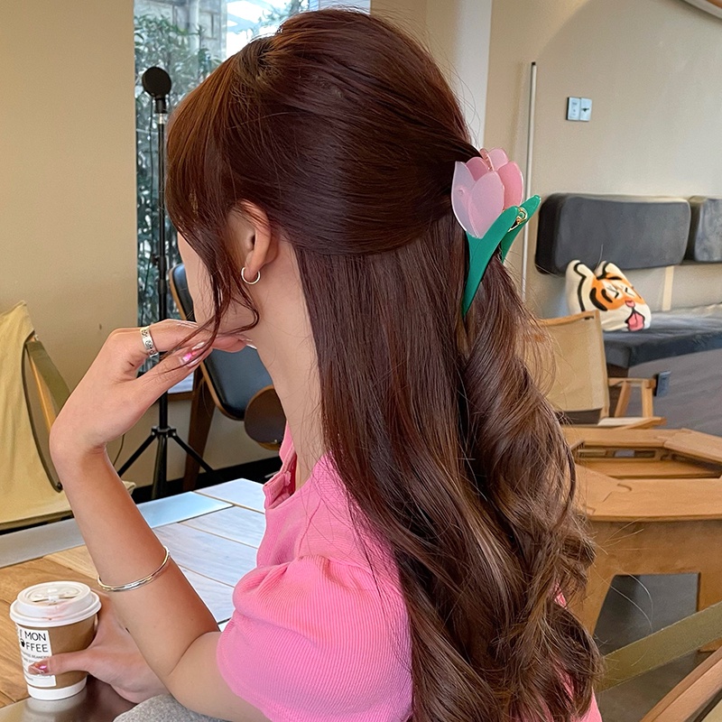 Kẹp Tóc Hình Hoa Tulip / Cá Mập Cỡ Lớn Bằng Acrylic Kiểu Hàn Quốc Dễ Thương Cho Bé Gái