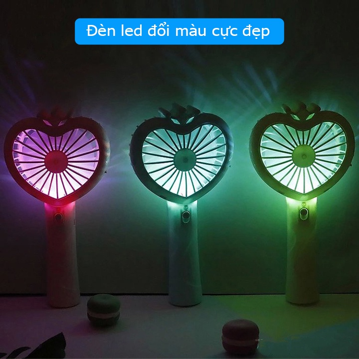 Quạt cầm tay mini sạc tích điện USB để bàn đèn led trái tim cute dễ thương giá rẻ F663