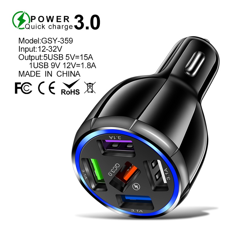 Tẩu Sạc Nhanh 5 Cổng Usb 15A Tương Thích Với Tất Cả iPhone Và Android Trên Xe Hơi