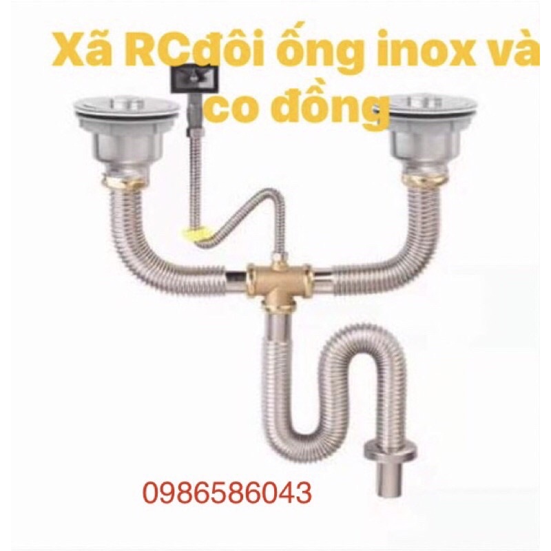Bộ xả chậu rửa chén đôi ống inox và co đồng - hàng dày dặn không lo chuột cắn, chất tẩy rửa