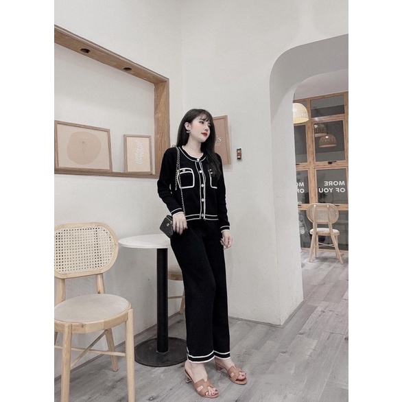 Set len cổ viền quần ống suông