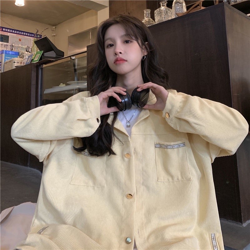 Áo Khoác Nhung Kẻ Màu Vàng Sữa Phong Cách Retro Pháp Dành Cho Nữ