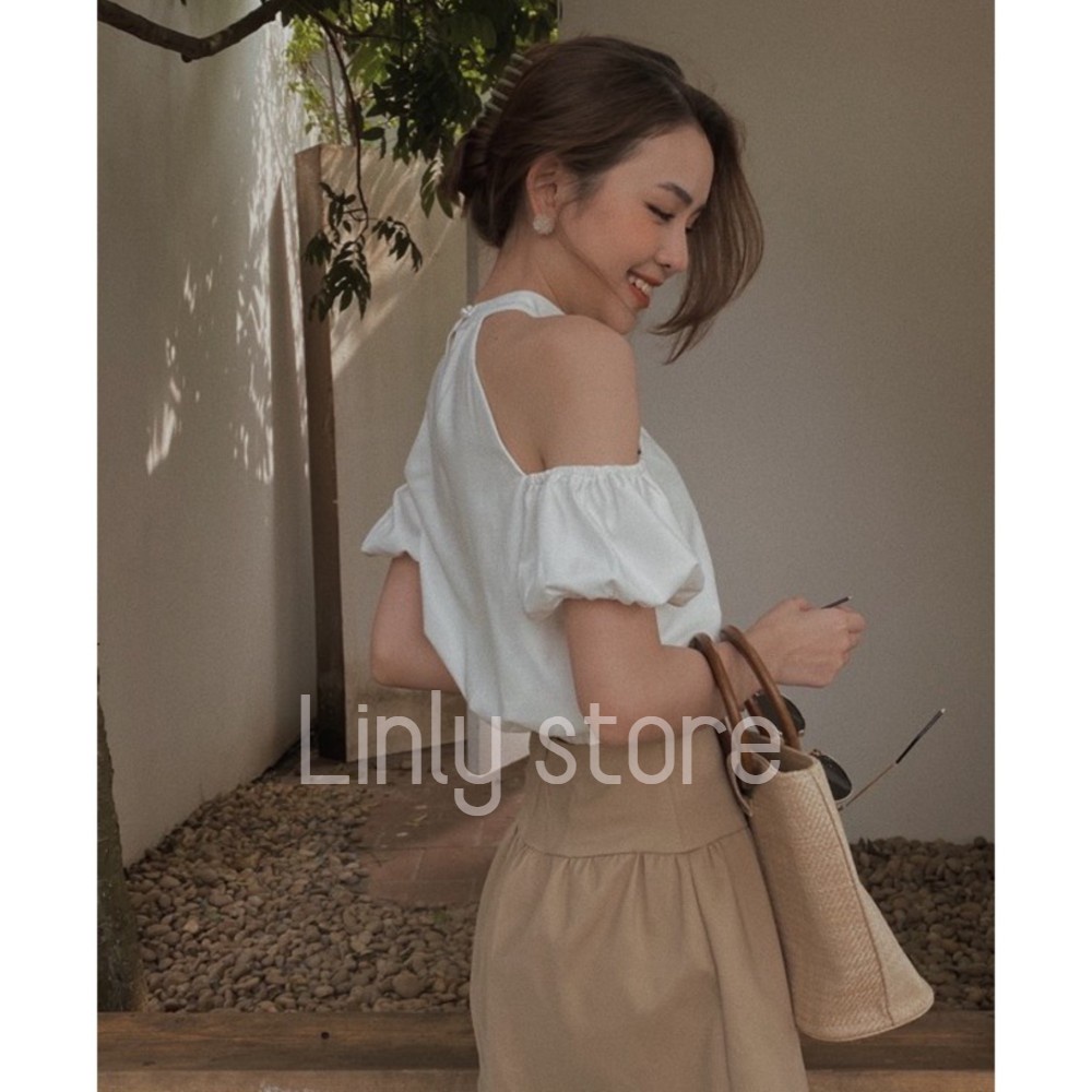 Áo trễ vai croptop tay bồng [2 lớp] - Áo kiểu nữ chất Linen, thiết kế cổ yếm 2021