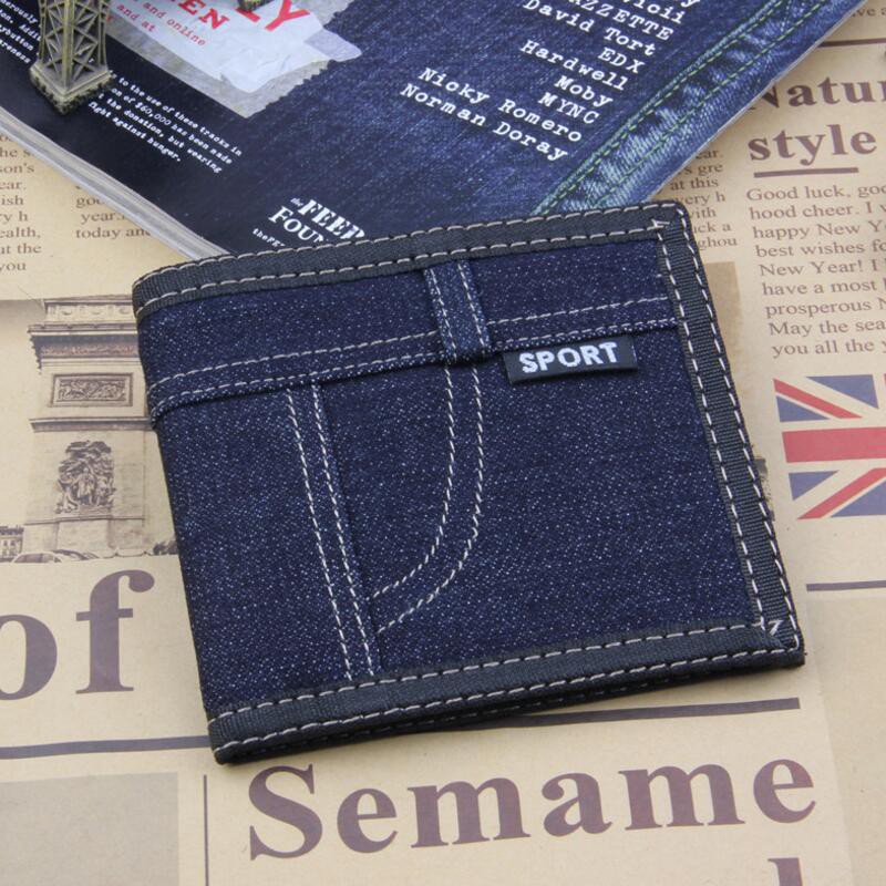 Ví tiền vải jean khóa kéo có ngắn đựng thẻ màu xanh dương vintage cho nam nữ