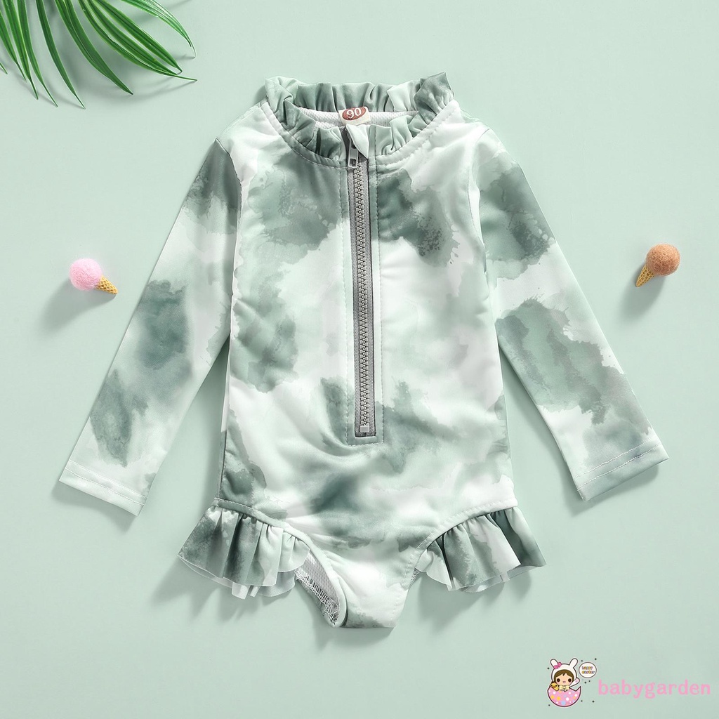 Bộ Đồ Bơi Liền Thân Tay Dài Cổ Tròn Màu Nhuộm Có Khóa Kéo Và Diềm Xếp Nếp Cho Bé Gái