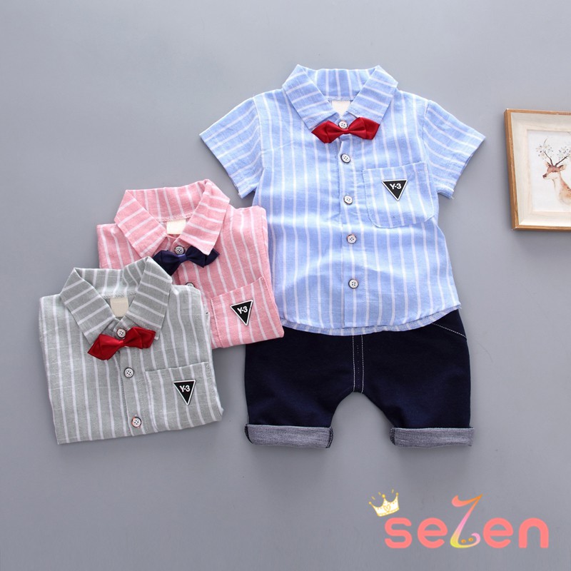 Set áo sơ mi tay ngắn họa tiết sọc phối nơ + quần jean ngắn dễ thương cho bé