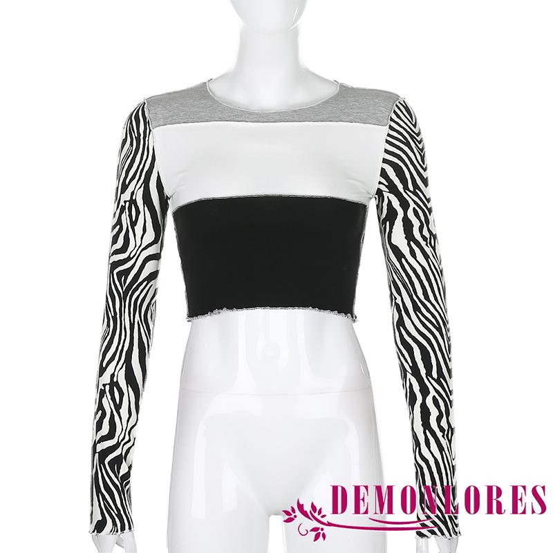 Áo Croptop Tay Dài Phối Màu Cho Nữ