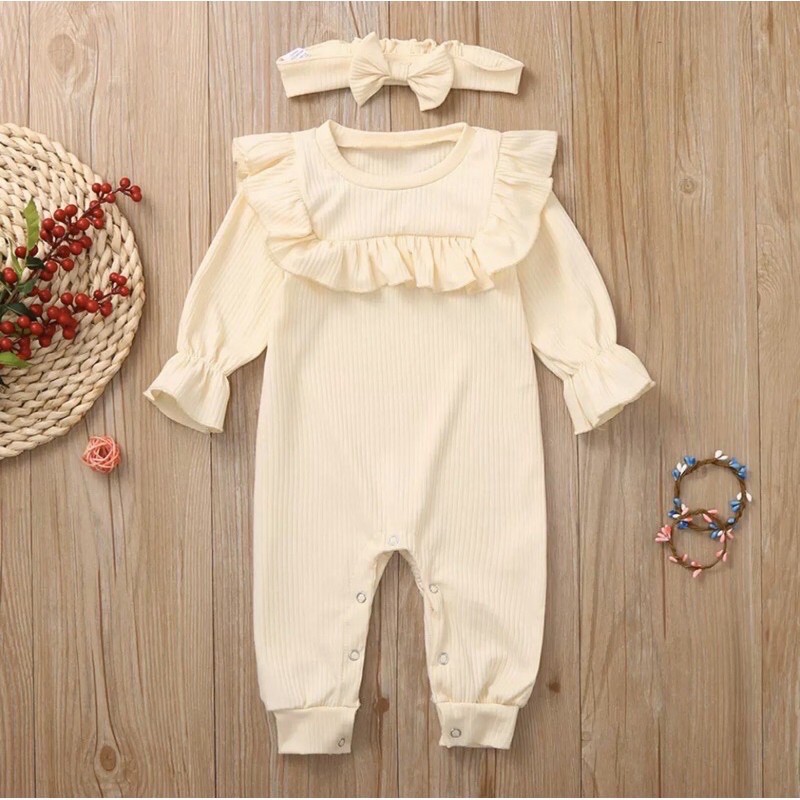 Áo liền thân dài tay bodysuit kèm tuban cổ tròn giả yếm thun gân mùa thu cho bé gái từ 0 đến 24 tháng
