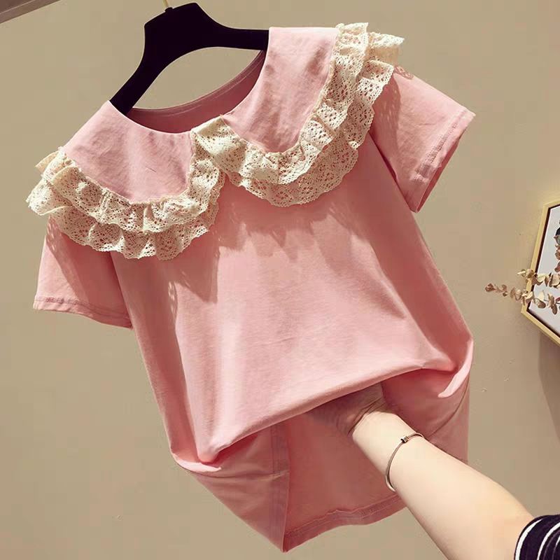 Áo Thun Cotton Tay Ngắn Cổ Búp Bê Phối Ren Dáng Rộng Thời Trang Mùa Hè Hàng Mới 2021 Dành Cho Bạn Gái