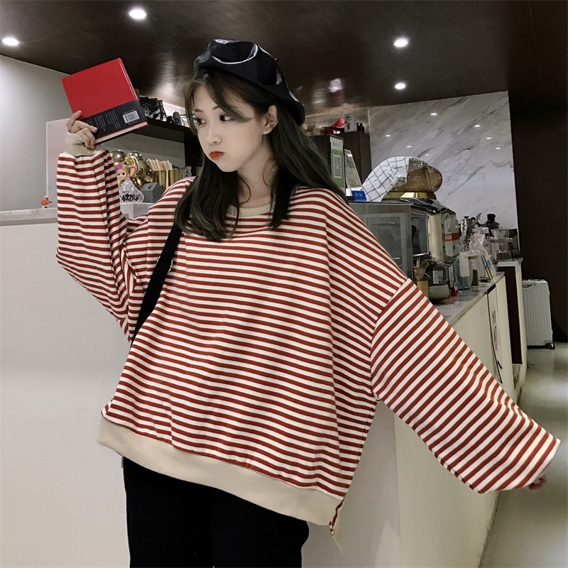 【ZHELIHANGFEI】Áo Thun Tay Dài Giả Hai Lớp Họa Tiết Kẻ Sọc Phong Cách Cá Tính