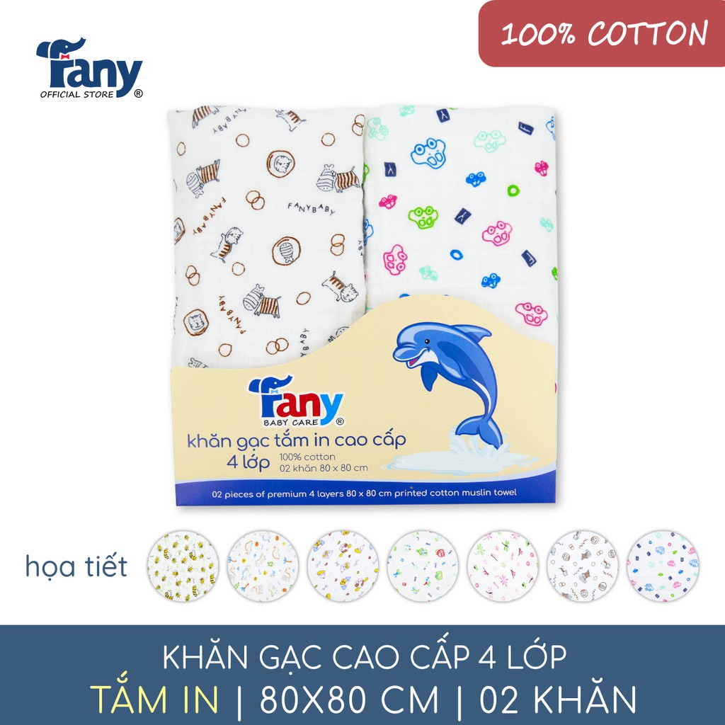 Khăn gạc tắm in cao cấp 4 lớp Fany® 80x80 cm 100% cotton 2 khăn/ bịch mềm mại thấm hút ưu việt 7 họa tiết