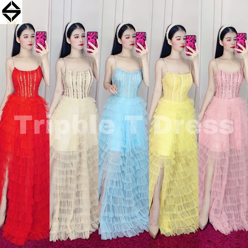 Đầm maxi TRIPBLE T DRESS cúp xếp tầng kết cườm - size M/L - MS348V