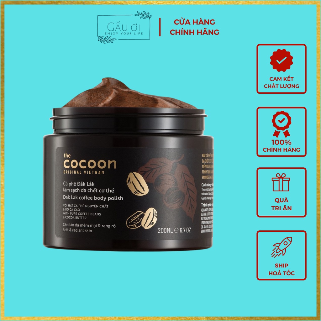 Tẩy Da Chết Body Cocoon, Tẩy Tế Bào Chết Cocoon 200ml Từ Hạt Cafe Đăk Lăk Và Bơ Cacao Giúp Da Mịn Màng