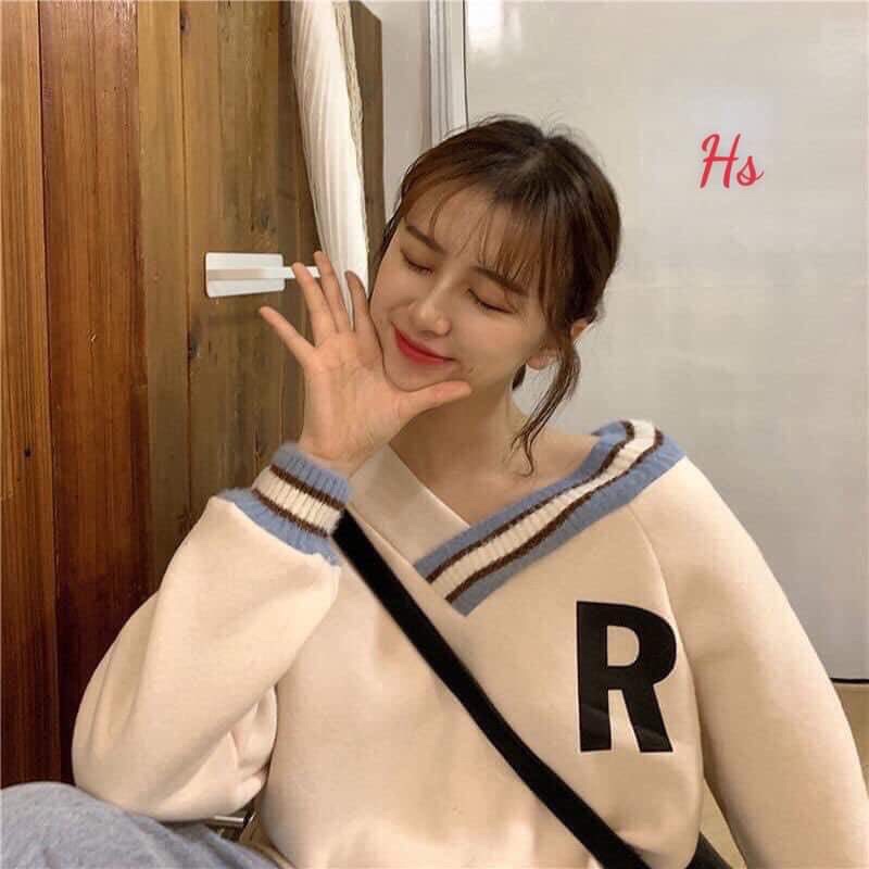 Áo Nỉ Cổ V In Chữ R nữ tính Phối Màu Dáng Rộng 3 Màu | BigBuy360 - bigbuy360.vn