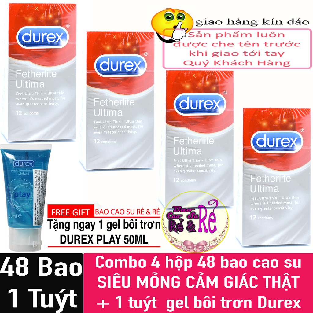 [FREE SHIP] Combo 4 Hộp 48 cái Bao Cao Su SIÊU MỎNG Durex Fetherlite Ultima + 1 tuýt gel bôi trơn Durex Play