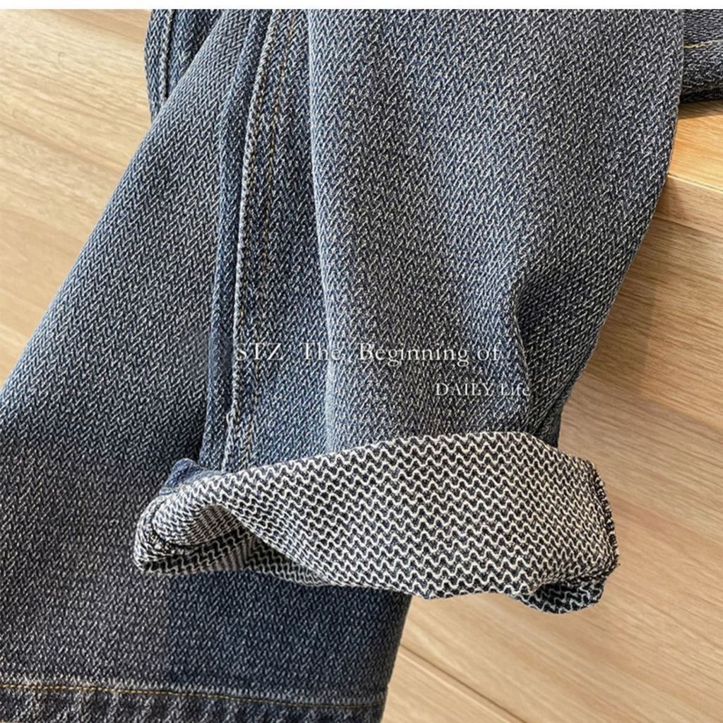 Quần denim RENJIANVSHENG dáng dài ống rộng phong cách Hàn Quốc