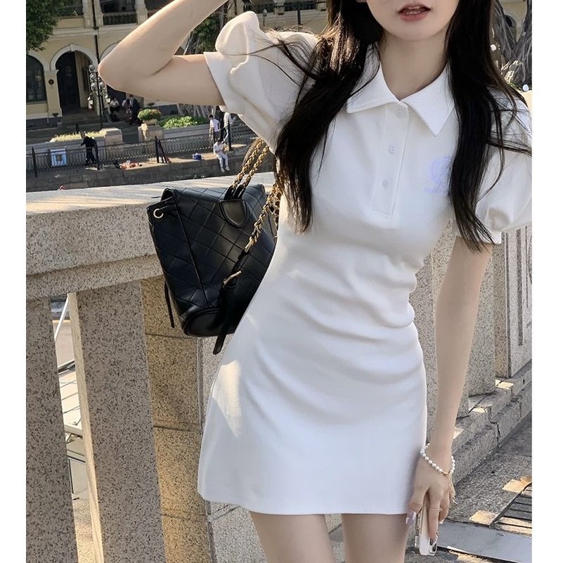 AMOI Đầm Sơ Mi Tay Ngắn Phồng Cổ Polo Ôm Eo Thời Trang 2022 Cho Nữ