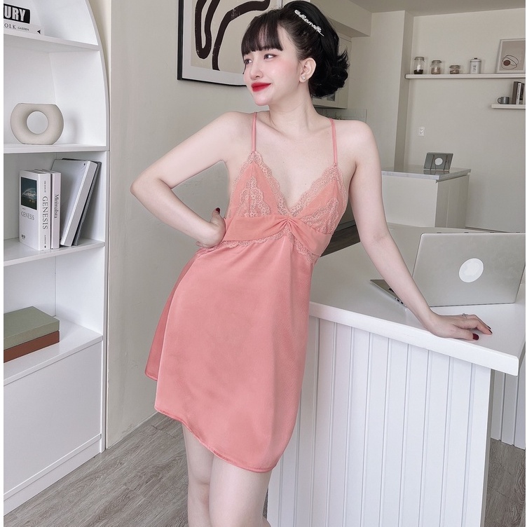 Váy Ngủ Nữ Chữ T Kèm Quần Chíp SOJUN Chất Satin Dưới 60Kg