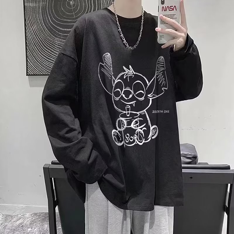 Áo Thun Tay Dài Cổ Tròn Dáng Rộng In Họa Tiết Hoạt Hình Phong Cách Hip Hop Nhật Bản Thời Trang Cho Nam size M-5XL