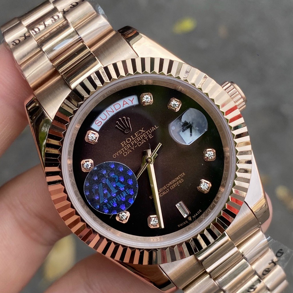 Đồng hồ Nam Rolex 3kim 2 lịch máy nhật chạy cơ Automatic size 41mm mặt cafe vỏ vàng hồng