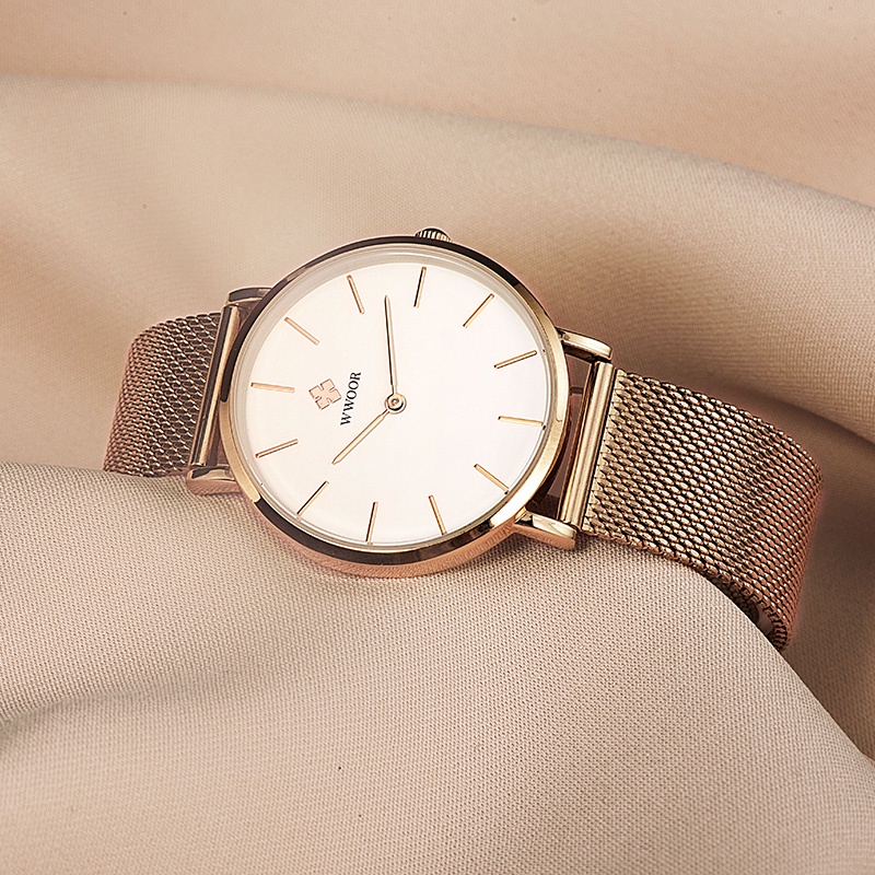 Đồng Hồ Quartz WWOOR Chất Liệu Thép Không Gỉ Mạ Vàng Hồng Chống Thấm Nước Reloj Mujer-8840