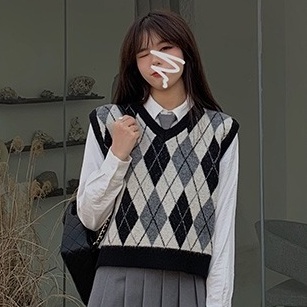 Áo Sweater Dệt Kim Không Tay Cổ Chữ V Họa Tiết Sọc Caro Phong Cách Retro Mỹ