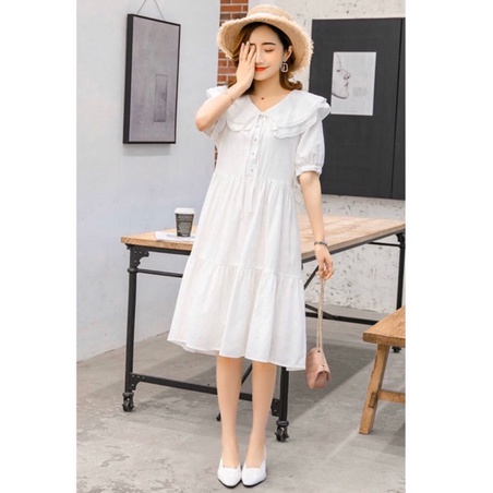 Đầm váy freesize cam cổ viền ren
