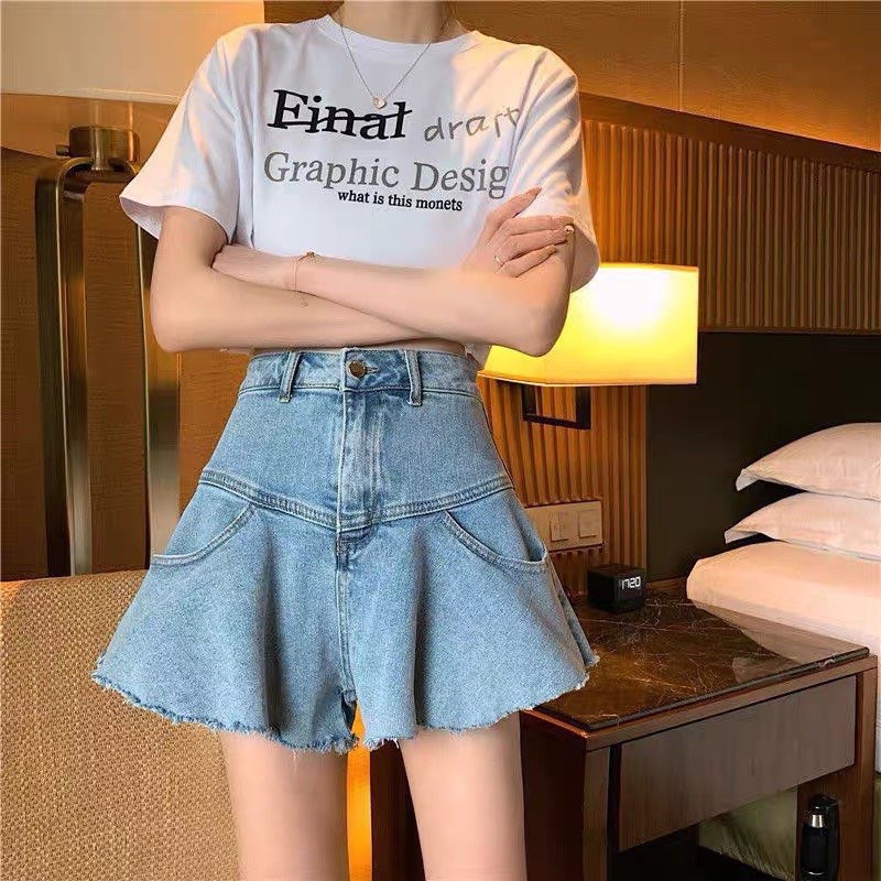 Quần Đùi Jean Nữ Cạp Cao Dáng Xòe YUMI BÁN S